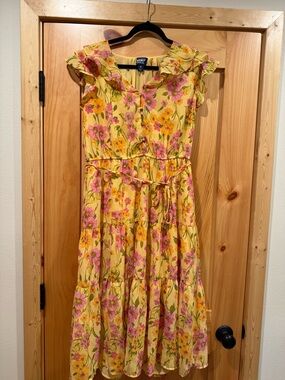 Lands' End Yellow Floral Tiered Tie-Waist Dress